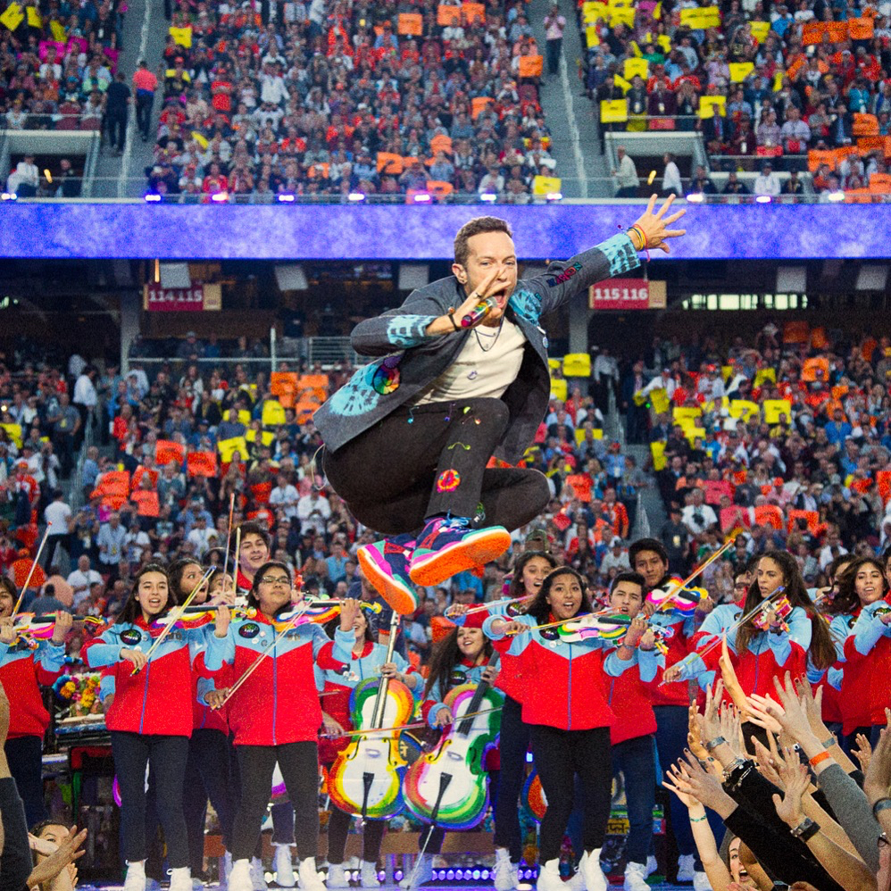 Chris Martin Love Button at the Super Bowl Halftim