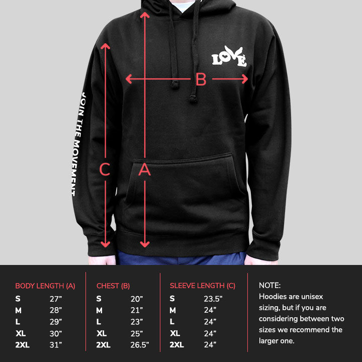 Love Button Unisex Pullover Hoodie - Sizing Chart