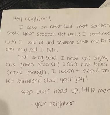 Anonymous Neighbor Buys New Scooter to Replace Kid’s Stolen One