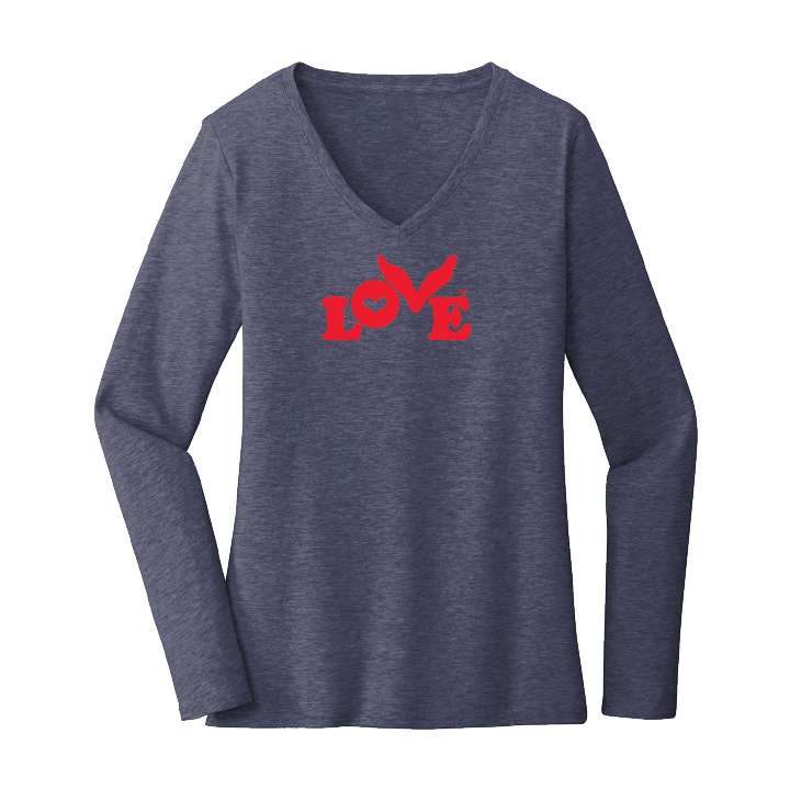 Love Button Heather Navy Long Sleeve Women's V-Neck